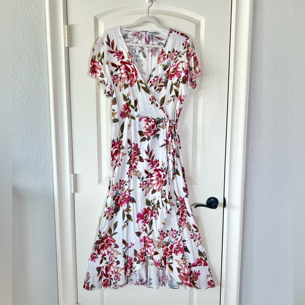 Xhilaration Floral Maxi Wrap Dress White Pink Boho Cottagecore XL